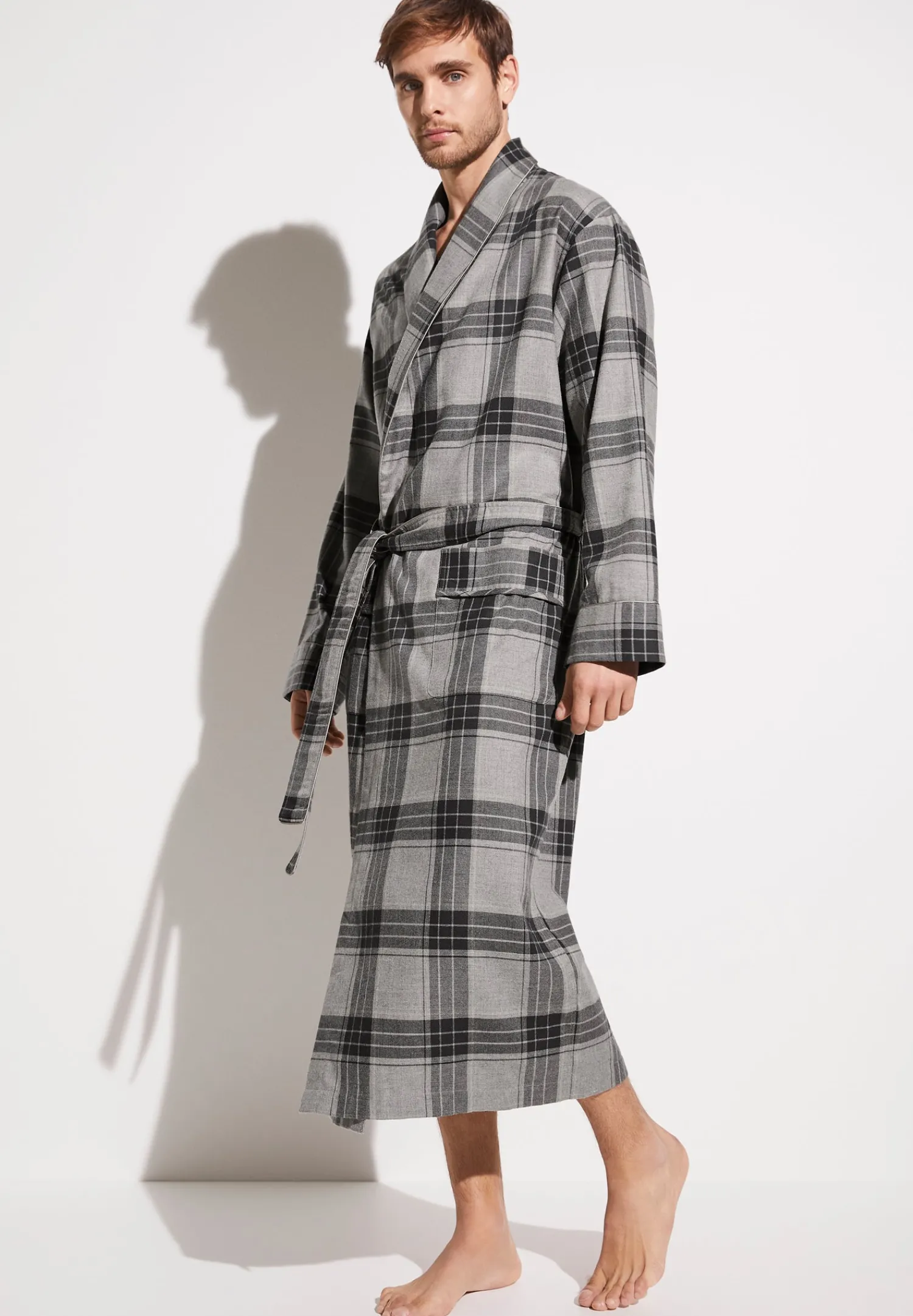 Peignoirs-Zimmerli Cozy FlannelMorgenmantel lang - grey check
