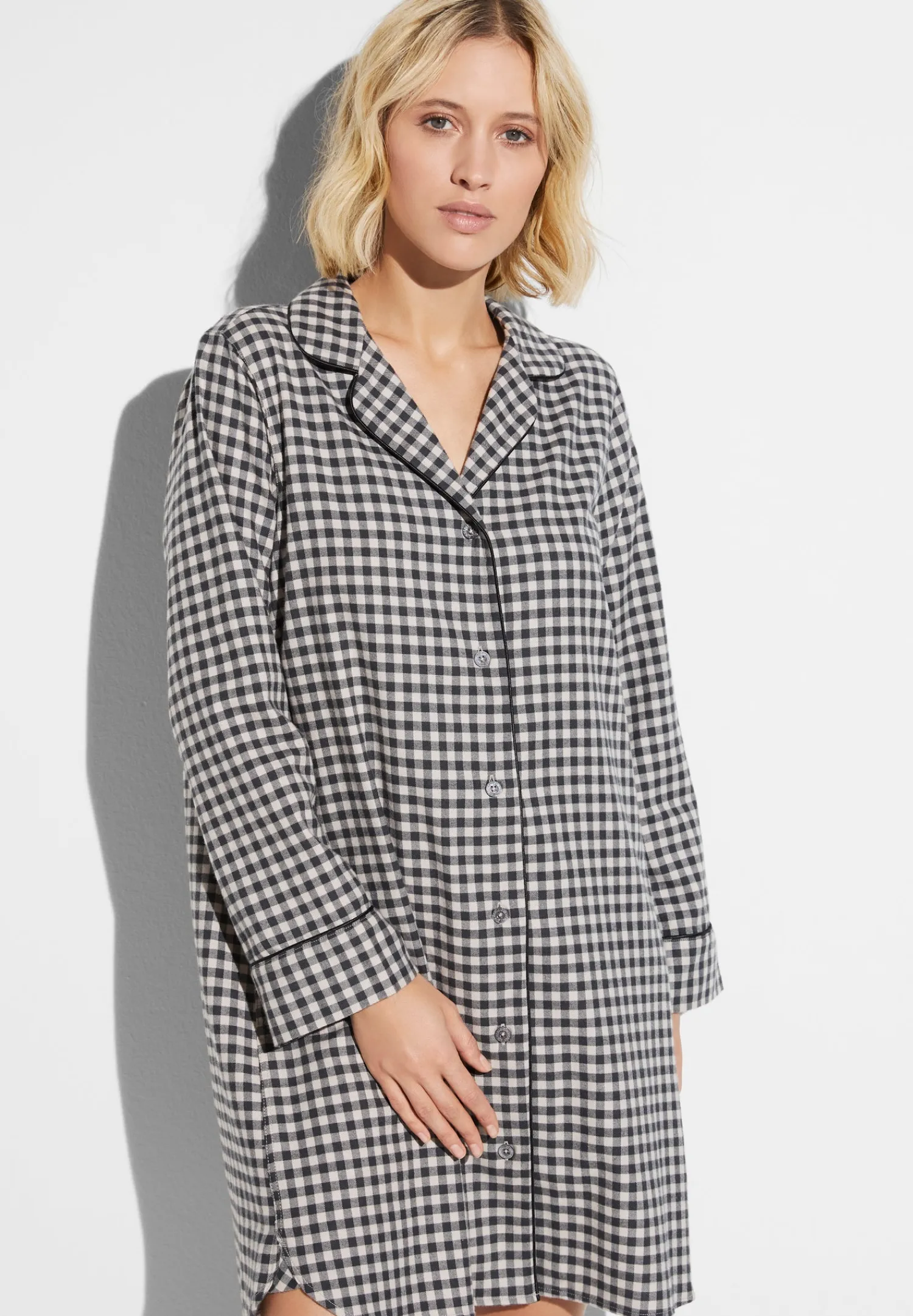 T-Shirts À Manches Longues|Chemises De Nuit-Zimmerli Cozy FlannelTee-shirt de nuit manches longues - oat check