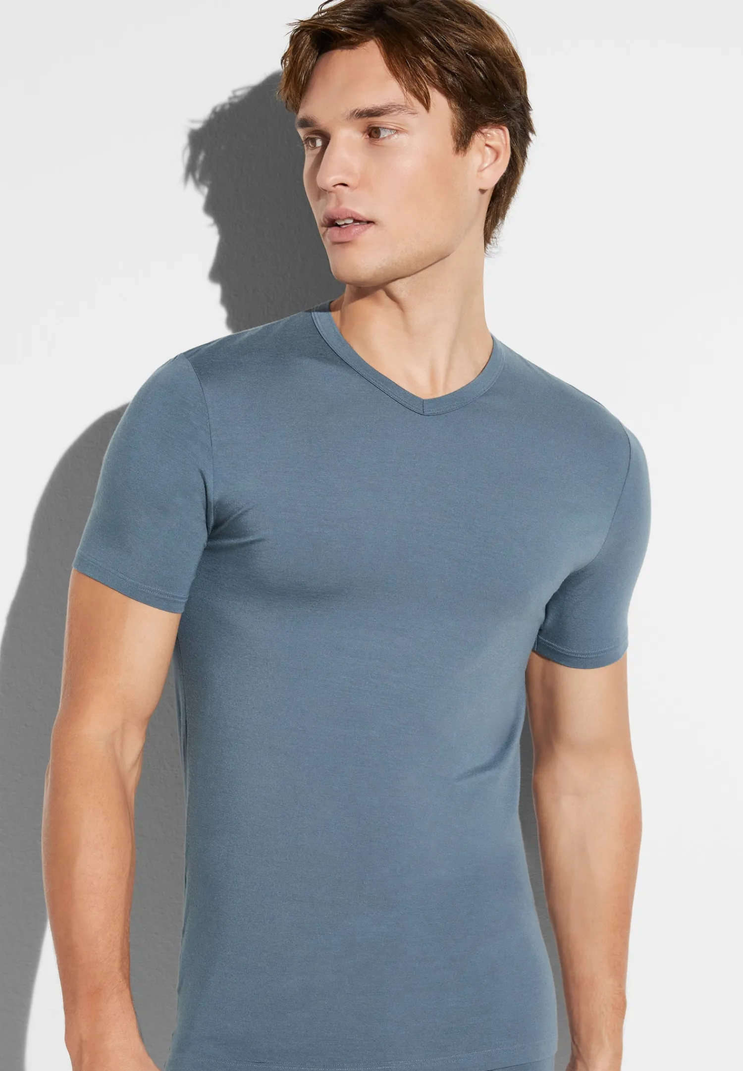 Pureness|T-Shirts-Zimmerli PurenessT-Shirt à manches courtes col en V - blue slate