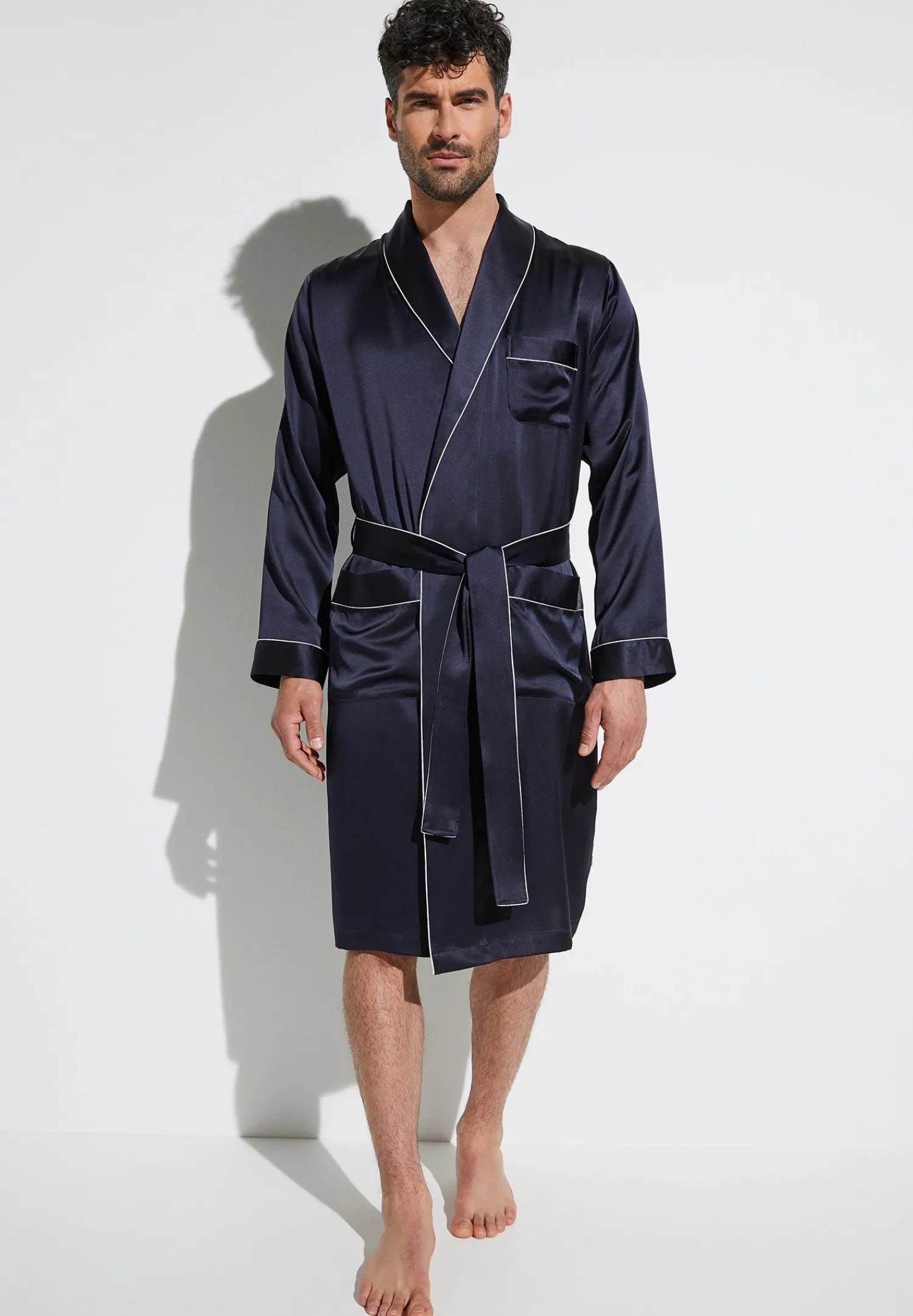 Silk Nightwear|Peignoirs-Zimmerli Silk NightwearRobe de chambre longue - navy